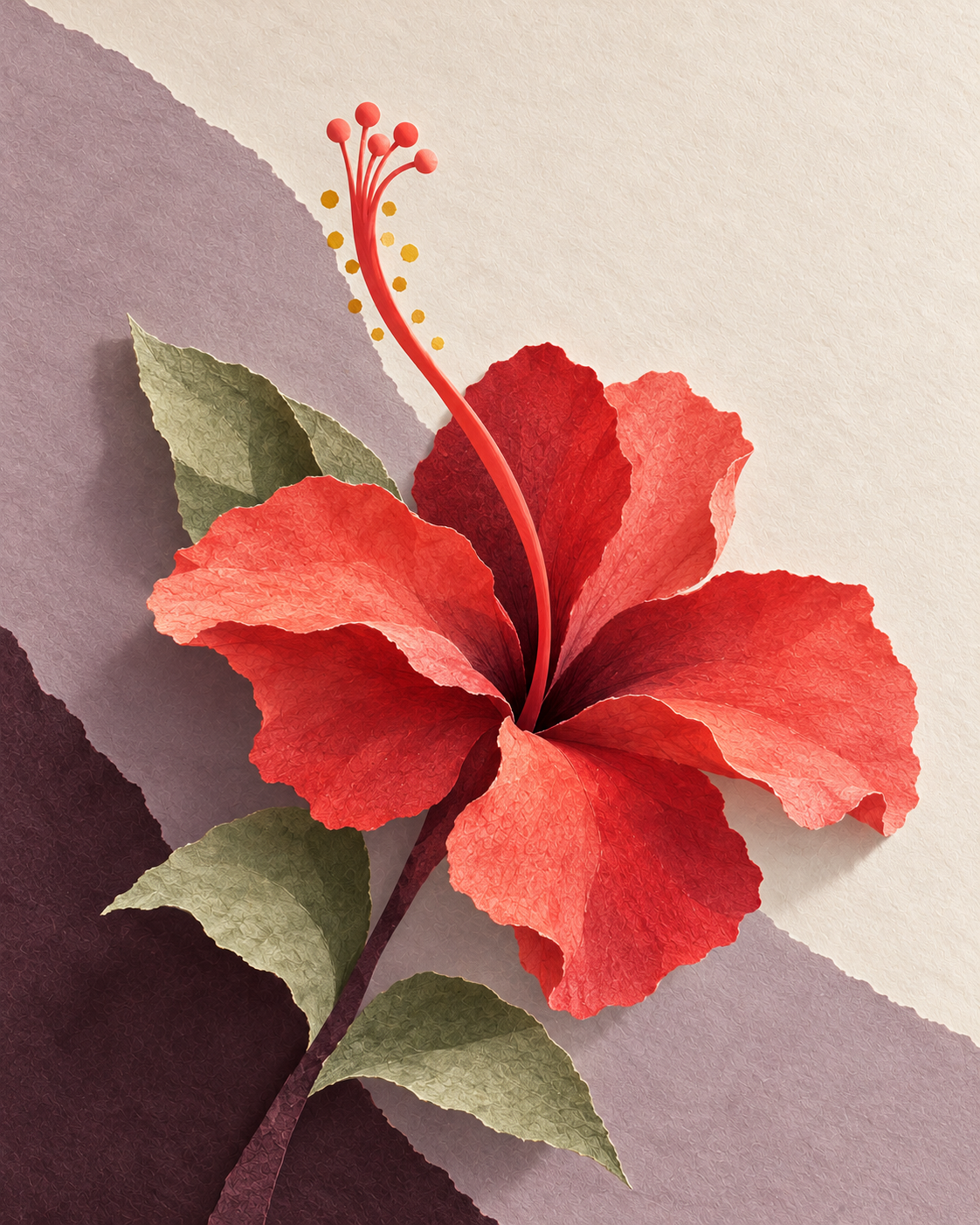 An abstract red hibiscus in textured paper collage, with plum, lilac, ivory and sage tones